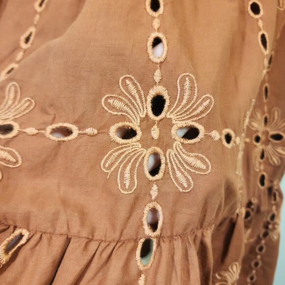 Eva Franco large eyelet chocolate brown 3/4 sleeve button front dress size M - Picture 7 of 9